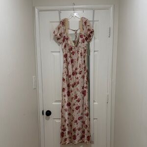 Cream Floral Tie-Back Maxi Dress with Puff Sleeves
